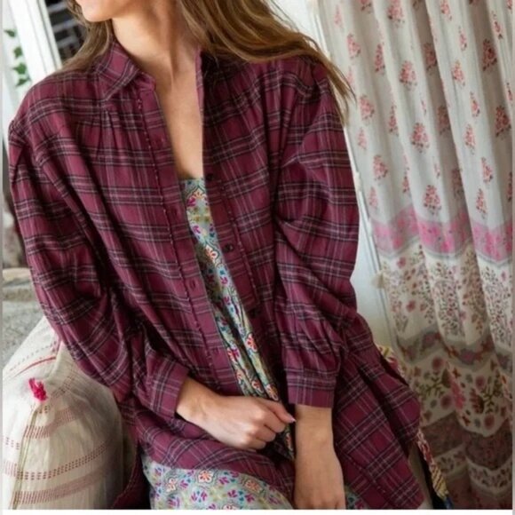 Natural Life Flannel Dawson Tunic Puff Sleeve Oversized Berry Sz Sm Boho - Picture 1 of 9